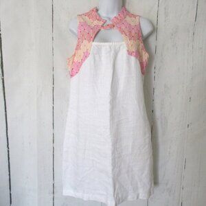 Harris Cotton Dress M White 100% Linen Embroidered Sleeveless Shift Greece
